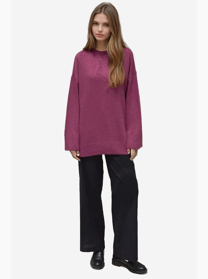 Pull long à col ras du cou en tricot épais hiccup Vieux rose - Kiabi
