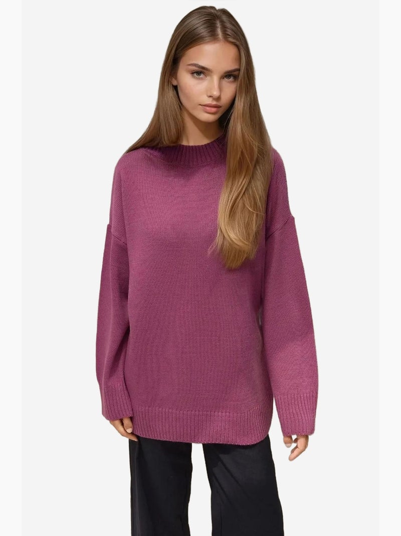 Pull long à col ras du cou en tricot épais hiccup Vieux rose - Kiabi