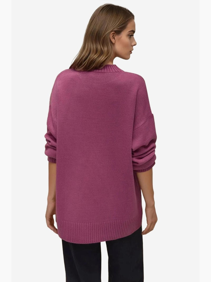 Pull long à col ras du cou en tricot épais hiccup Vieux rose - Kiabi