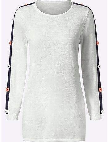 Pull long à col rond avec boutons décoratifs et rayures contrastées - Taille standard - Moda Vilona