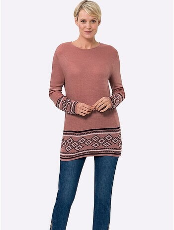 Pull long à col rond avec manches longues et motifs jacquard - taille standard - moda vilona