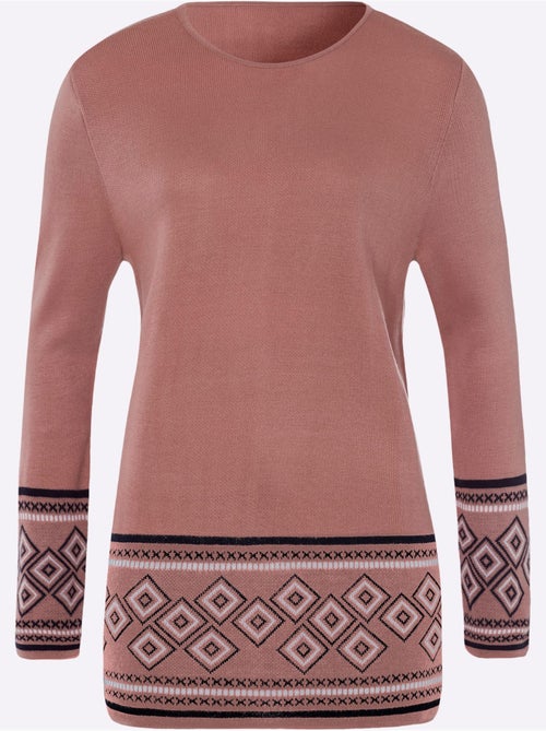 Pull long à col rond avec manches longues et motifs jacquard - taille standard - moda vilona - Kiabi Pull long à col rond avec manches longues et motifs jacquard - taille standard - moda vilona - Kiabi