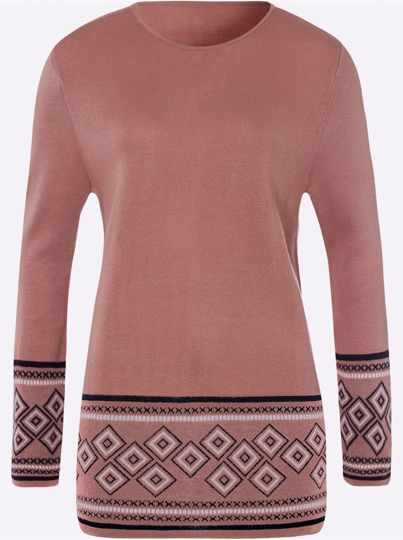 Pull long à col rond avec manches longues et motifs jacquard - taille standard - moda vilona Bois de rose - Kiabi