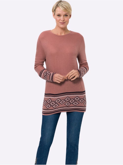 Pull long à col rond avec manches longues et motifs jacquard - taille standard - moda vilona - Kiabi Pull long à col rond avec manches longues et motifs jacquard - taille standard - moda vilona - Kiabi