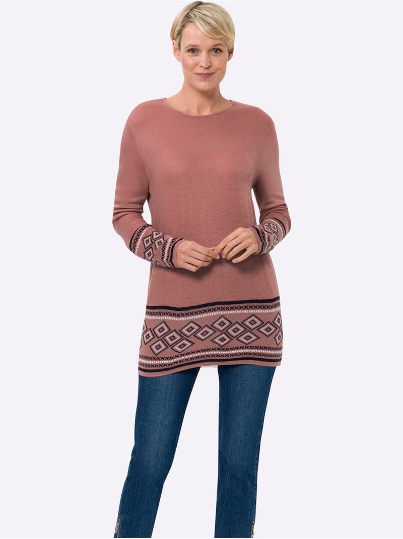 Pull long à col rond avec manches longues et motifs jacquard - taille standard - moda vilona Bois de rose - Kiabi