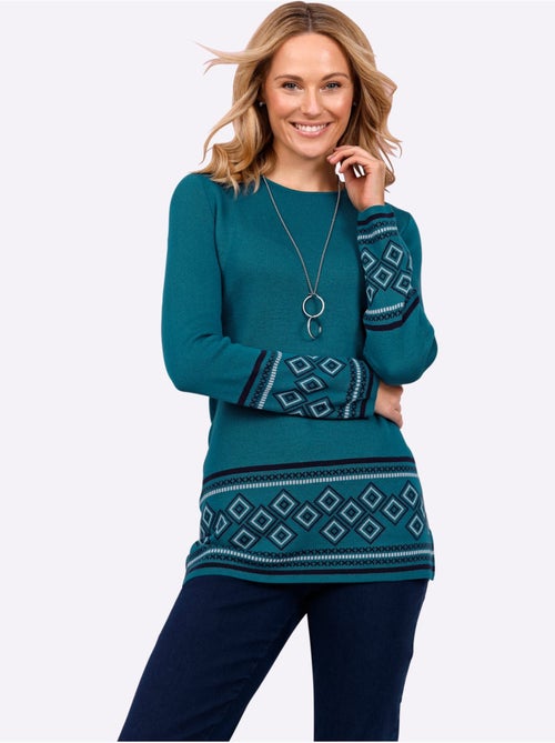 Pull long à col rond avec motifs jacquard et finitions soignées - taille standard - moda vilona - Kiabi