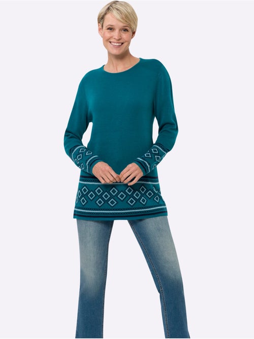 Pull long à col rond avec motifs jacquard et finitions soignées - taille standard - moda vilona - Kiabi