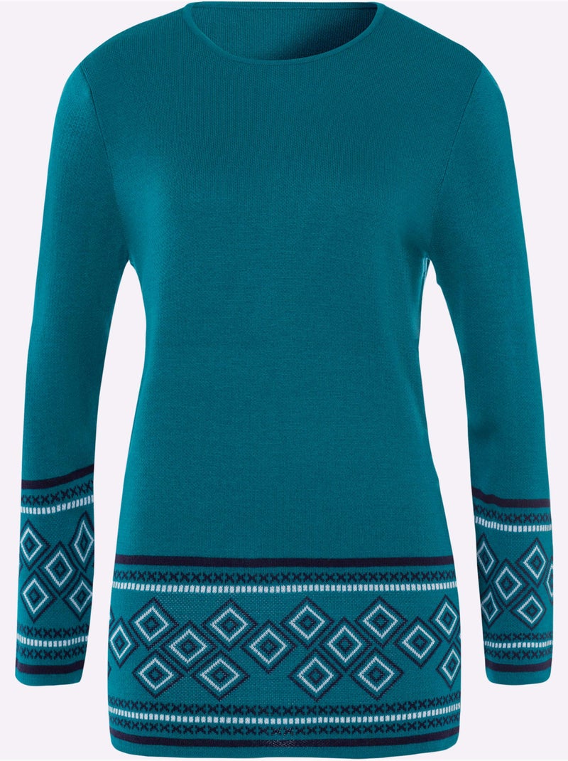 Pull long à col rond avec motifs jacquard et finitions soignées - taille standard - moda vilona Bleu pétrole - Kiabi