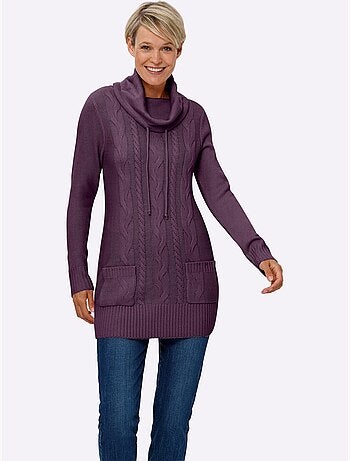 Pull long à grand col roulé et poches plaquées avec motif torsadé - Taille standard - Moda Vilona