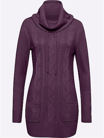 Pull long à grand col roulé et poches plaquées avec motif torsadé - Taille standard - Moda Vilona