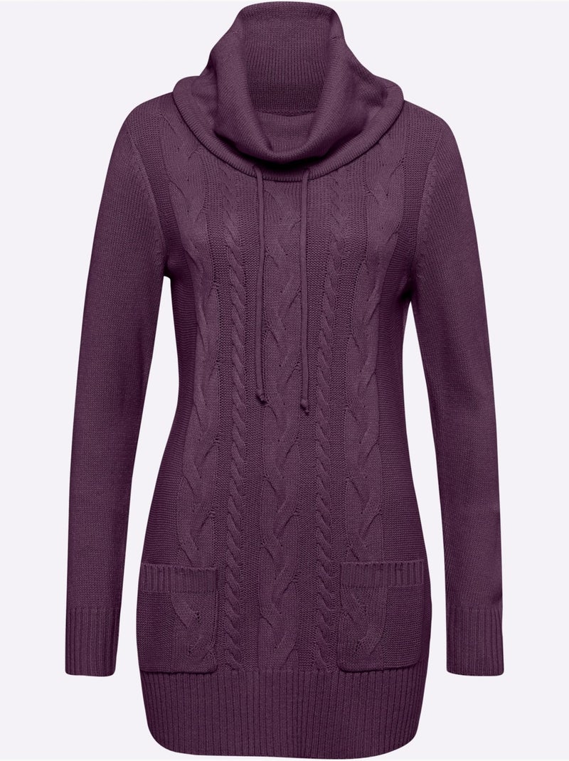Pull long à col roulé et poches plaquées en tricot lisse - Taille standard - Moda Vilona Nude - Kiabi