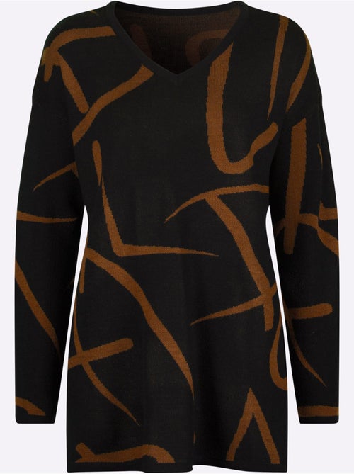 Pull long à col v avec mancherons et motifs graphiques - taille standard - moda vilona - Kiabi Pull long à col v avec mancherons et motifs graphiques - taille standard - moda vilona - Kiabi