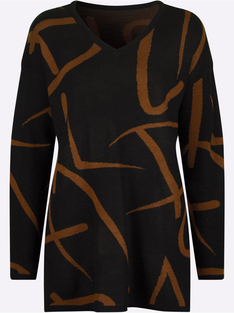 Pull long à col v avec mancherons et motifs graphiques - taille standard - moda vilona Noir Jaune - Kiabi