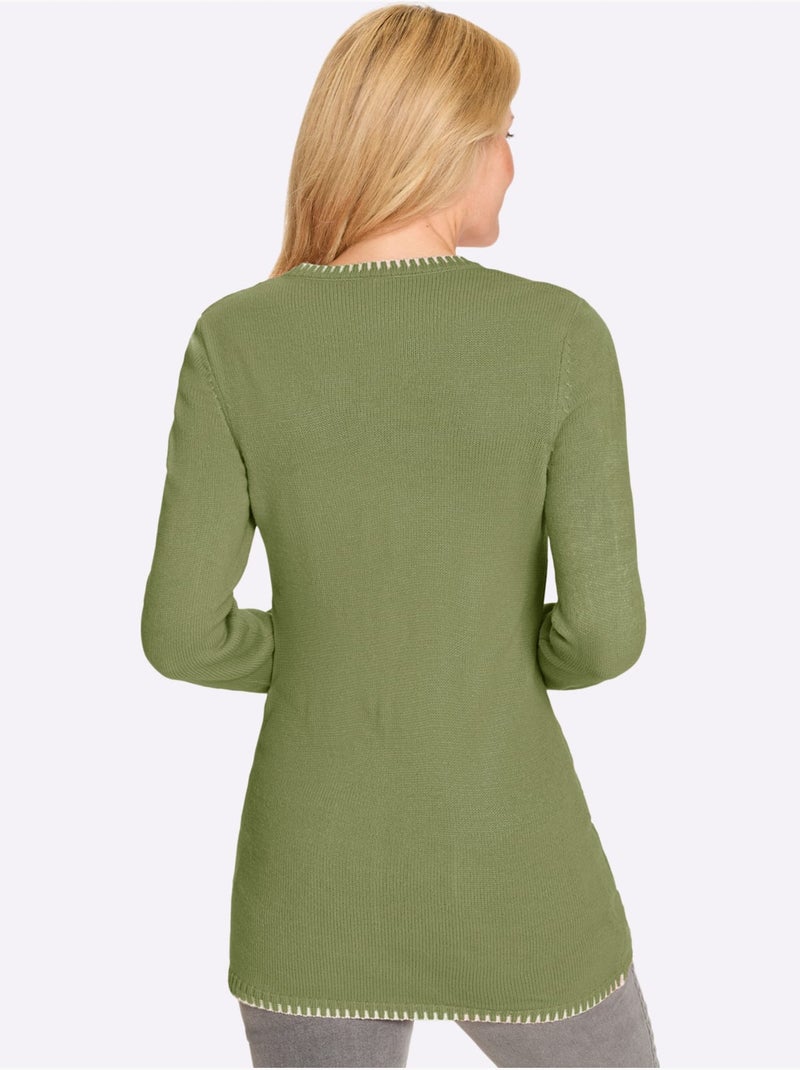 Pull long à col V avec manches longues et poches appliquées - Taille standard - Moda Vilona Bleu Vert Gris - Kiabi