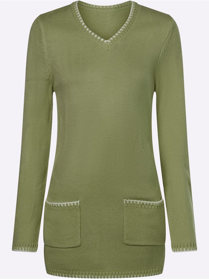 Pull long à col V avec manches longues et poches appliquées - Taille standard - Moda Vilona Bleu Vert Gris - Kiabi