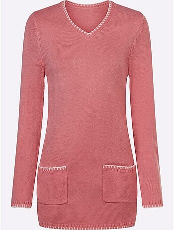 Pull long à col V avec manches longues et poches appliquées - Taille standard - Moda Vilona