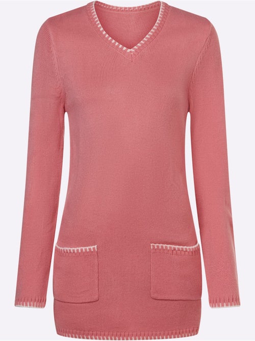 Pull long à col V avec manches longues et poches côtelées - Taille standard - Moda Vilona - Kiabi