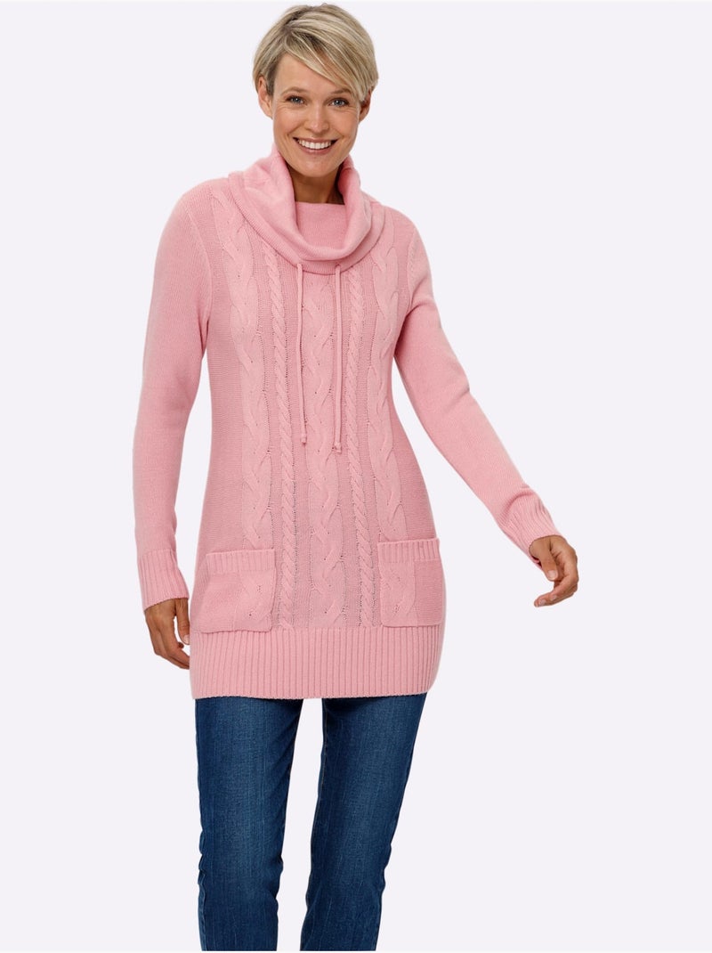 Pull long à grand col roulé et poches plaquées avec motif torsadé - Taille standard - Moda Vilona Rose - Kiabi
