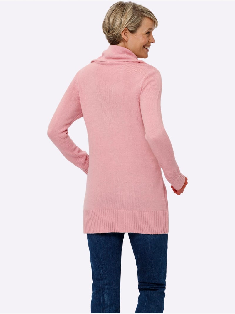 Pull long à grand col roulé et poches plaquées avec motif torsadé - Taille standard - Moda Vilona Rose - Kiabi