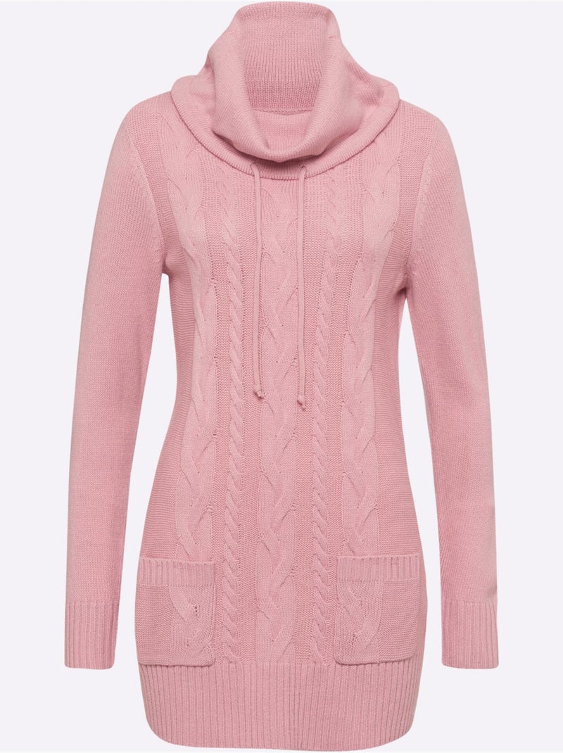 Pull long à grand col roulé et poches plaquées avec motif torsadé - Taille standard - Moda Vilona Rose - Kiabi