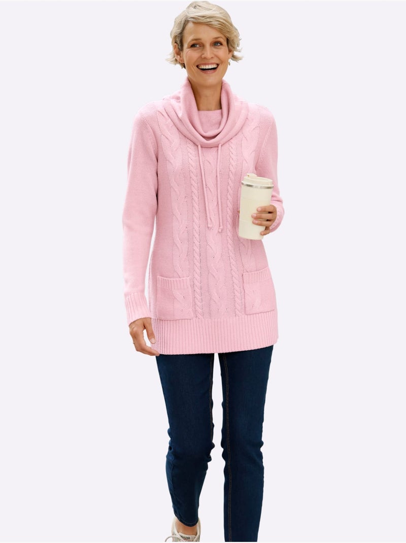 Pull long à grand col roulé et poches plaquées avec motif torsadé - Taille standard - Moda Vilona Rose - Kiabi