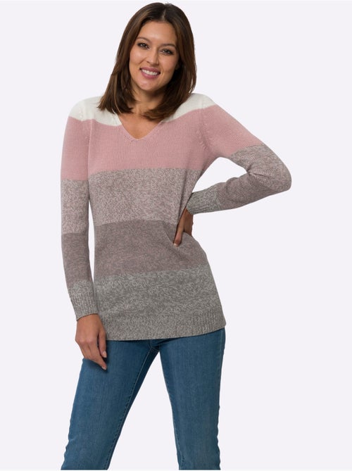 Pull long à rayures et encolure en v chinée avec bords-côtes - taille standard - moda vilona - Kiabi Pull long à rayures et encolure en v chinée avec bords-côtes - taille standard - moda vilona - Kiabi