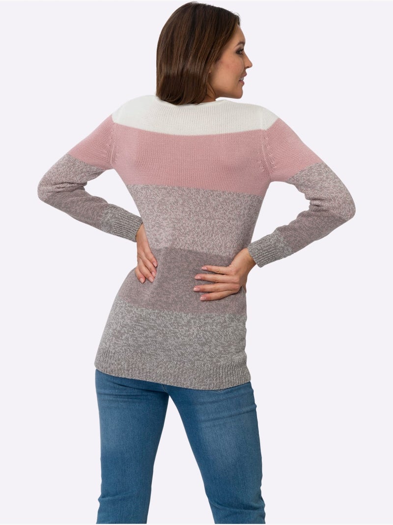 Pull long à rayures et encolure en v chinée avec bords-côtes - taille standard - moda vilona Noir Violet Blanc - Kiabi