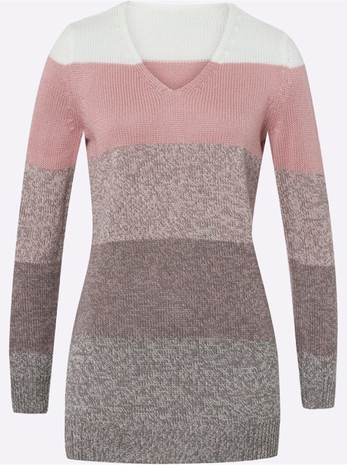 Pull long à rayures et encolure en v chinée avec bords-côtes - taille standard - moda vilona - Kiabi Pull long à rayures et encolure en v chinée avec bords-côtes - taille standard - moda vilona - Kiabi