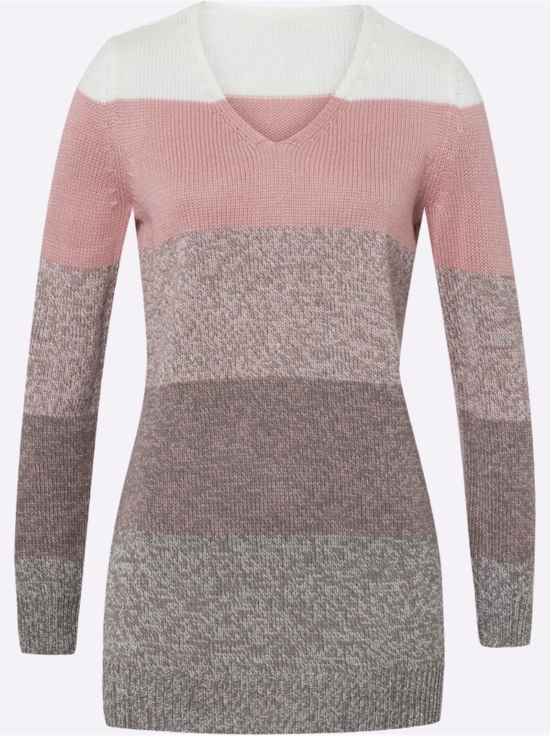 Pull long à rayures et encolure en v chinée avec bords-côtes - taille standard - moda vilona Noir Violet Blanc - Kiabi