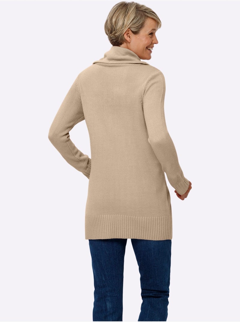 Pull long avec col roulé et poches plaquées en motif torsadé - Taille standard - Moda Vilona Beige - Kiabi