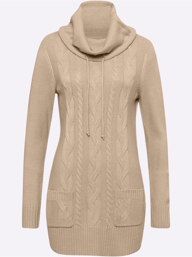 Pull long avec col roulé et poches plaquées en motif torsadé - Taille standard - Moda Vilona Beige - Kiabi