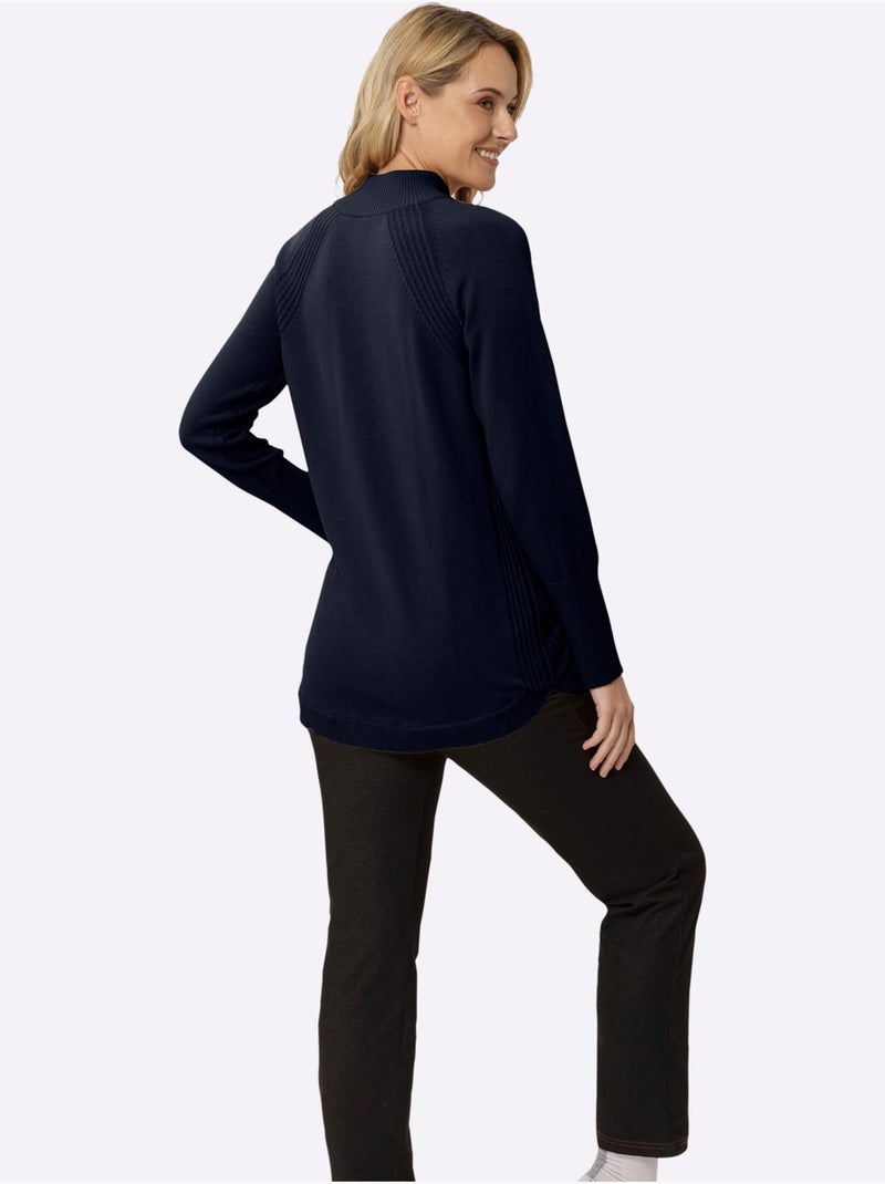 Pull long col montant en coton avec empiècements côtelés - Taille standard - Moda Vilona Bleu marine - Kiabi