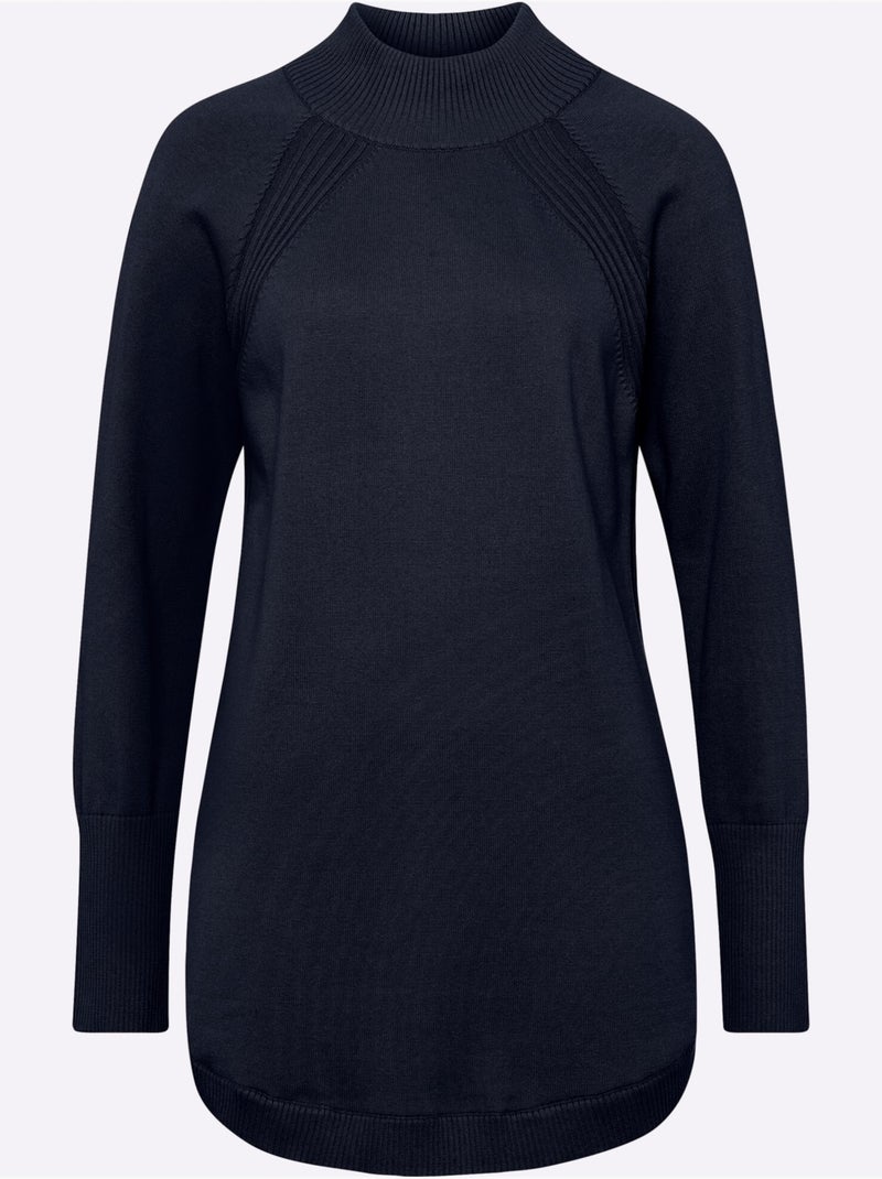 Pull long col montant en coton avec empiècements côtelés - Taille standard - Moda Vilona Bleu marine - Kiabi
