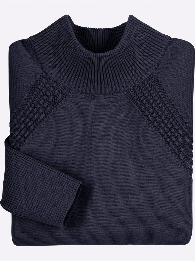 Pull long col montant en coton avec empiècements côtelés - Taille standard - Moda Vilona Bleu marine - Kiabi