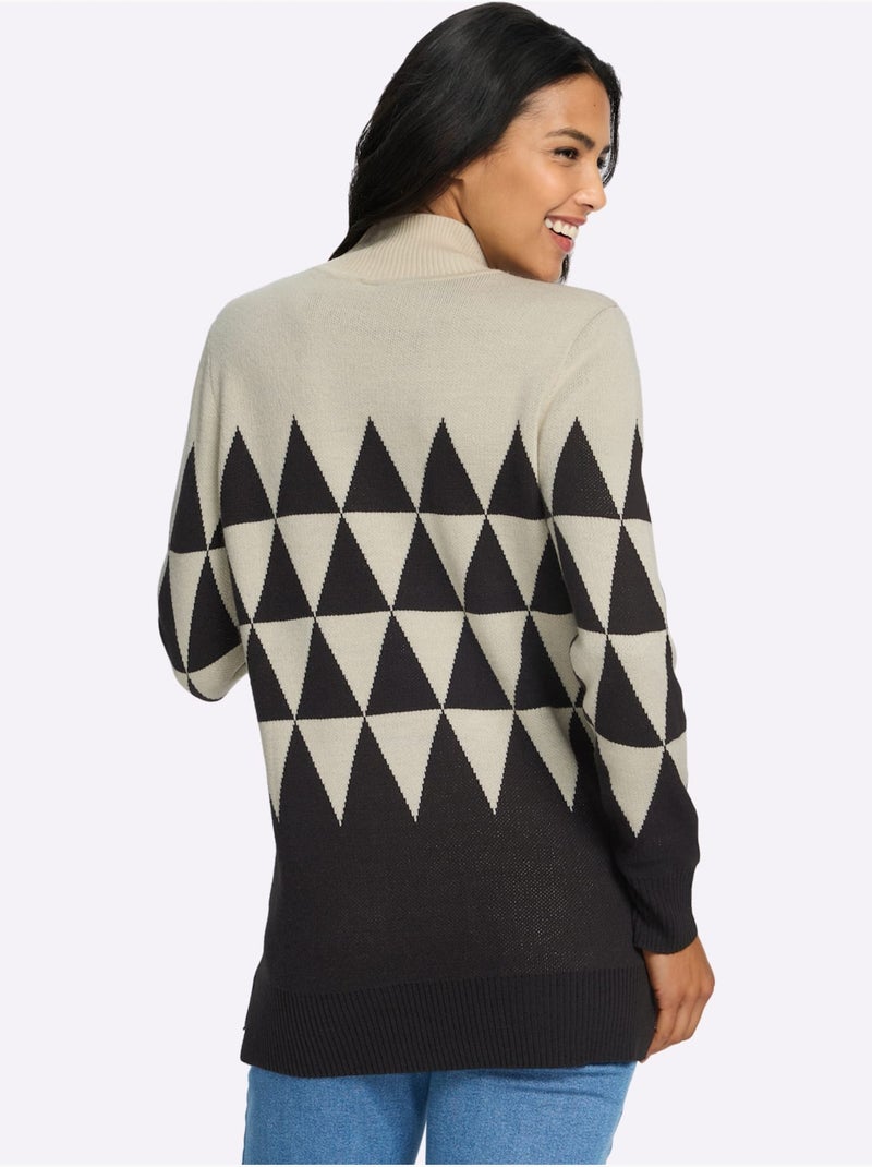 Pull Long Col Montant Tendance - Taille Standard - Moda Vilona Beige/Noir - Kiabi