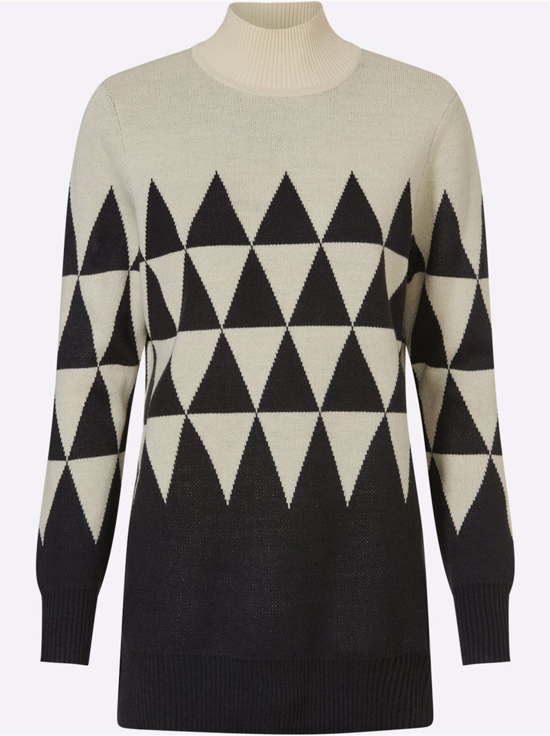Pull Long Col Montant Tendance - Taille Standard - Moda Vilona Beige/Noir - Kiabi