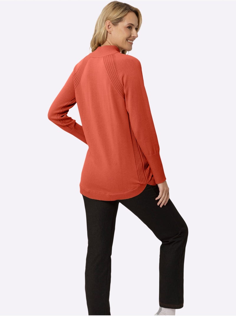 Pull long en pur coton avec col montant et empiècements côtelés - Taille standard - Moda Vilona Terre cuite - Kiabi