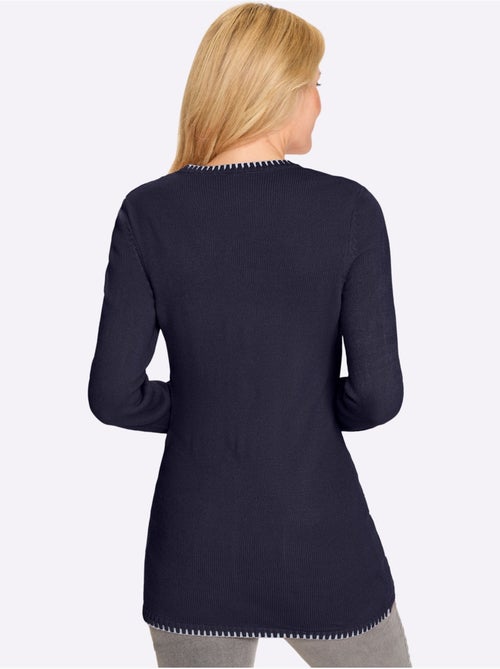 Pull long en V avec poches et bordures côtelées contrastées - Taille standard - Moda Vilona - Kiabi