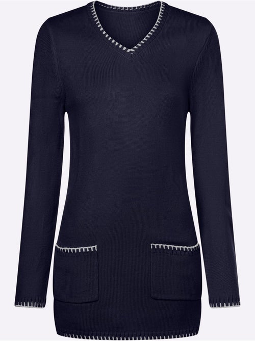 Pull long en V avec poches et bordures côtelées contrastées - Taille standard - Moda Vilona - Kiabi