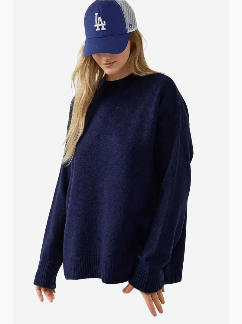 Pull long et confortable en tricot à col ras du cou hiccup Bleu marine - Kiabi