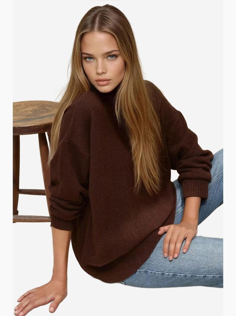 Pull long et confortable en tricot à col ras du cou hiccup Marron noisette - Kiabi