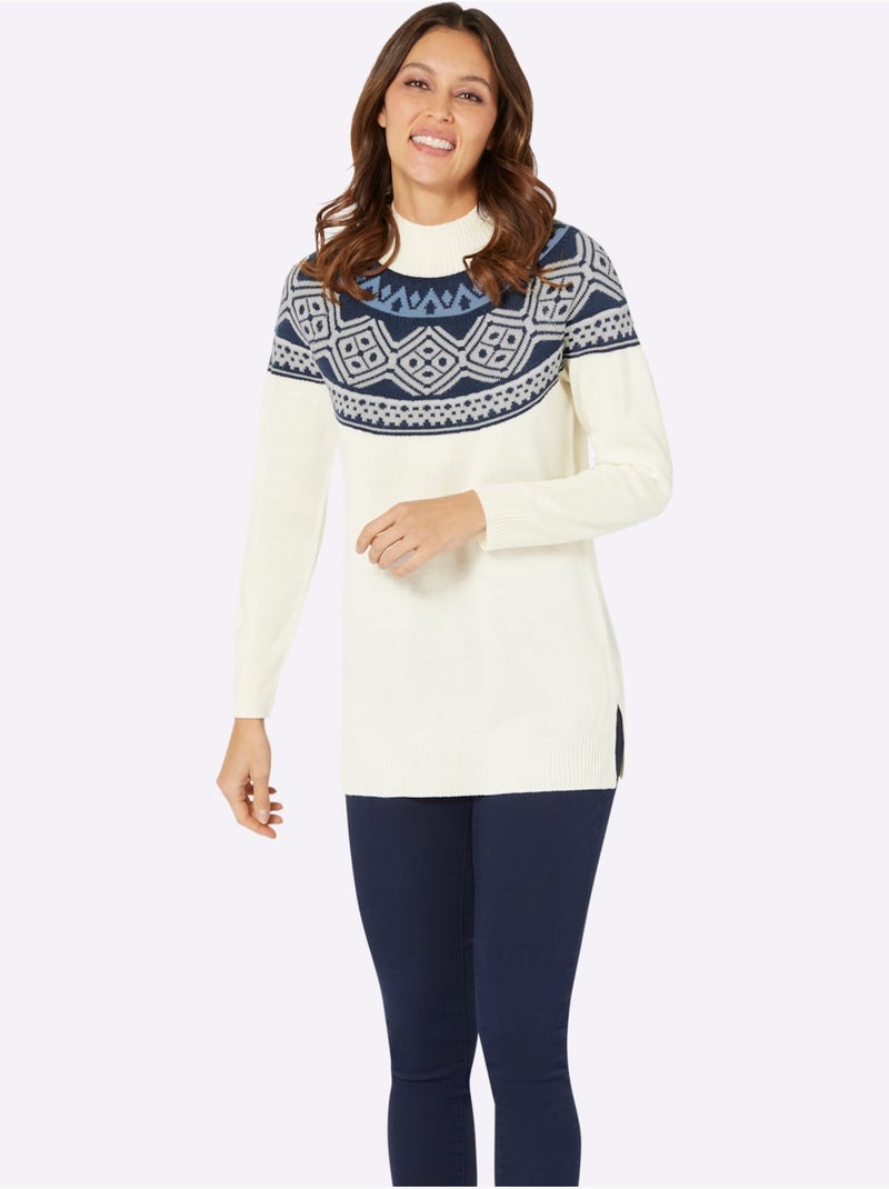 Pull Long Joli Motif Norvégien - Taille Standard - Moda Vilona Bleu Ecru - Kiabi