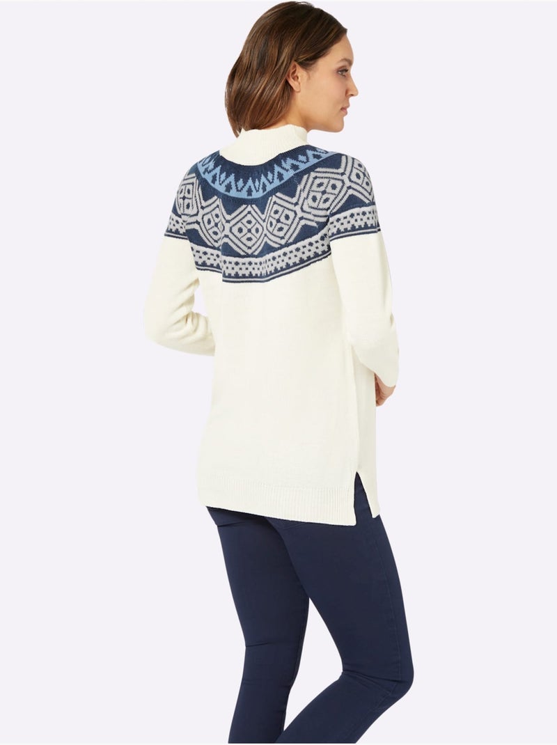 Pull Long Joli Motif Norvégien - Taille Standard - Moda Vilona Bleu Ecru - Kiabi