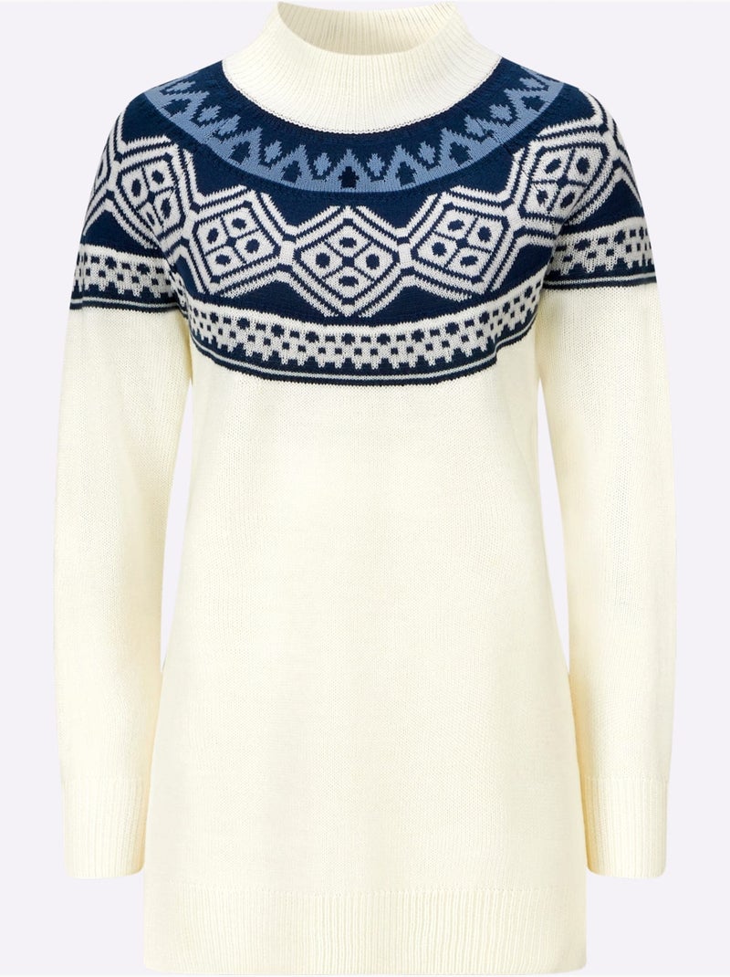 Pull Long Joli Motif Norvégien - Taille Standard - Moda Vilona Bleu Ecru - Kiabi