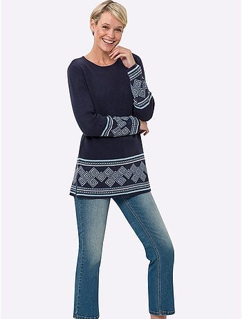Pull long à col rond avec manches longues et motifs jacquard - taille standard - moda vilona