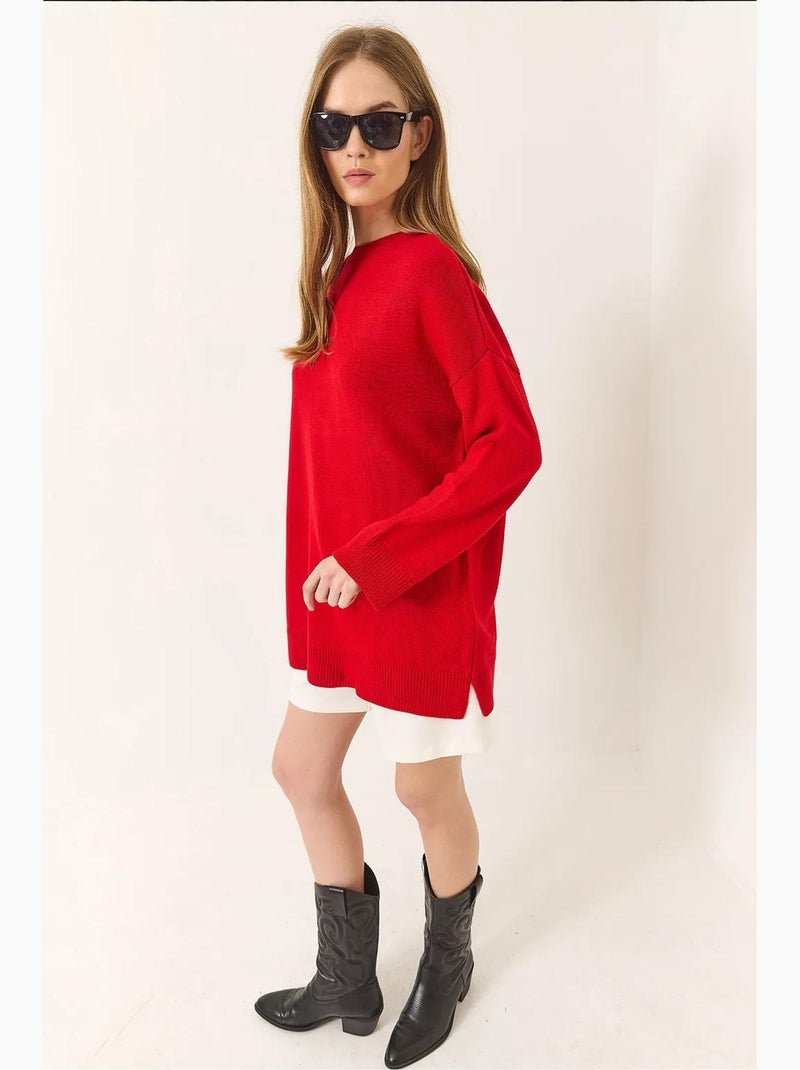 Pull long oversize à col rond lucci Rouge - Kiabi
