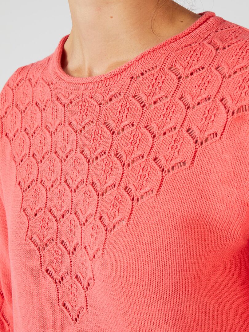 Pull Femme Damart - Maille Ajourée - Manches Aux Coudes - 100% Coton - Coupe Standard - Col Rond