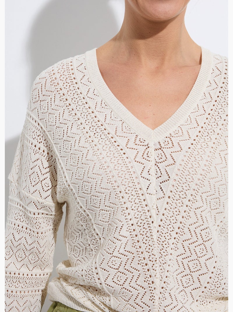 Pull maille ajourée col v - afibel Beige - Kiabi