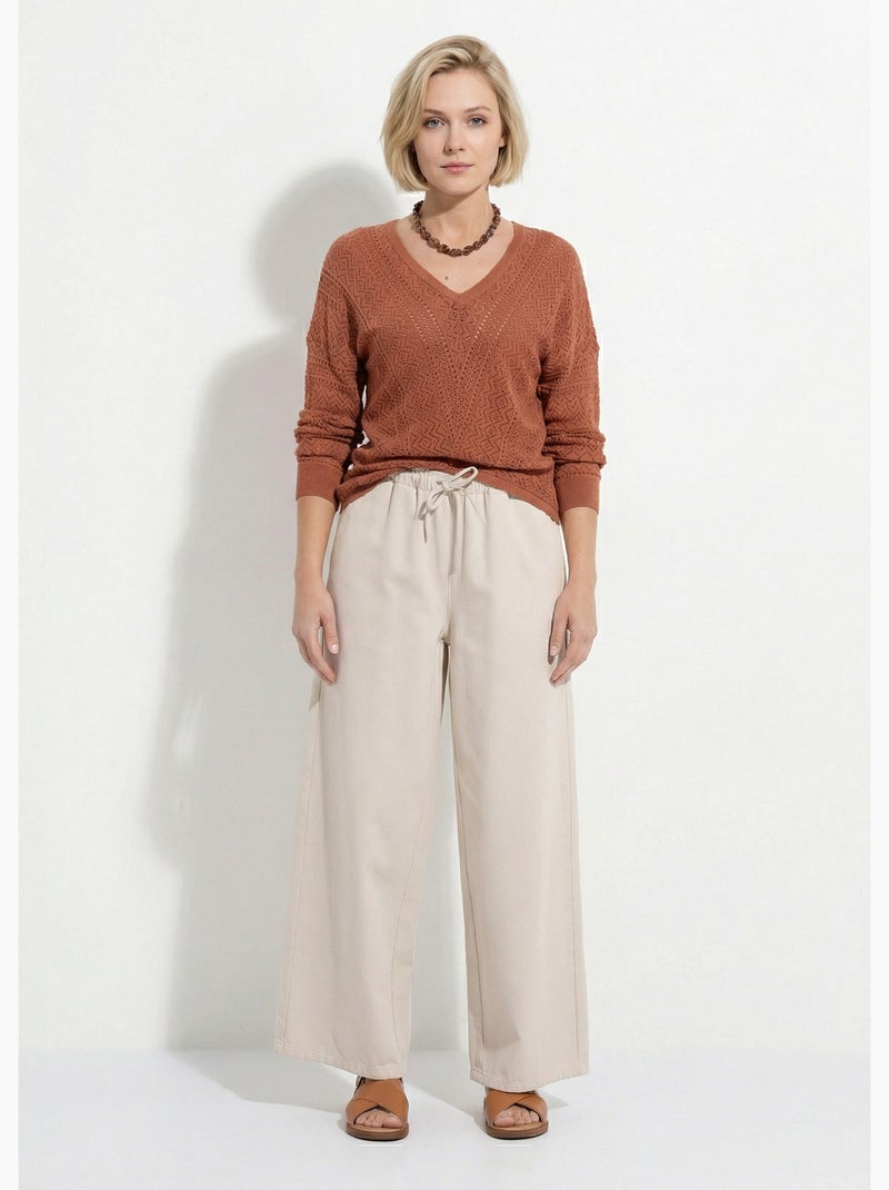 Pull maille ajourée col v - afibel Marron noisette - Kiabi