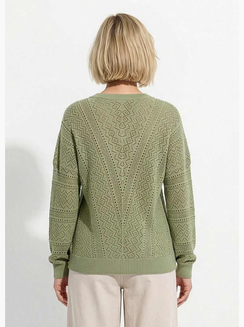 Pull maille ajourée col v - afibel Vert olive - Kiabi